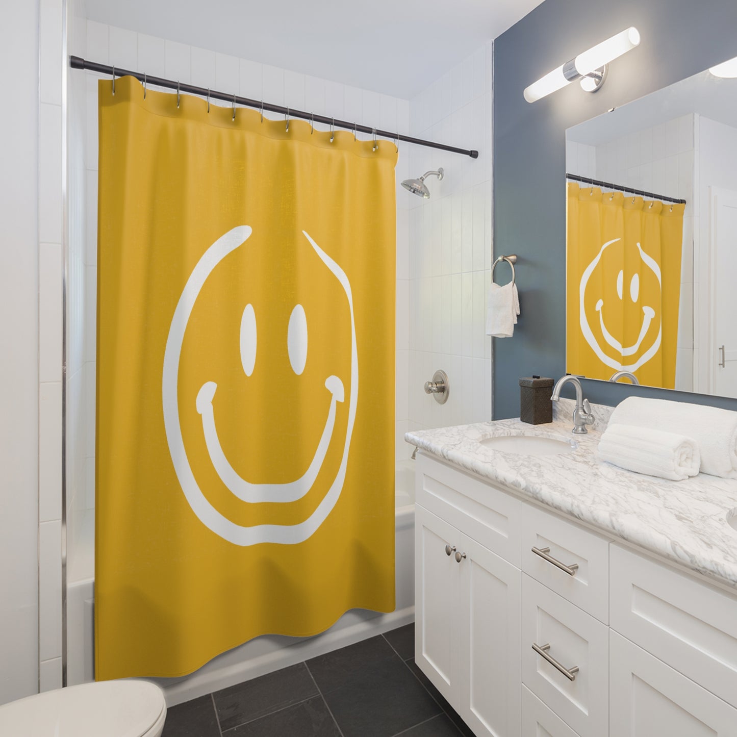 yellow with white smiley face Shower Curtains