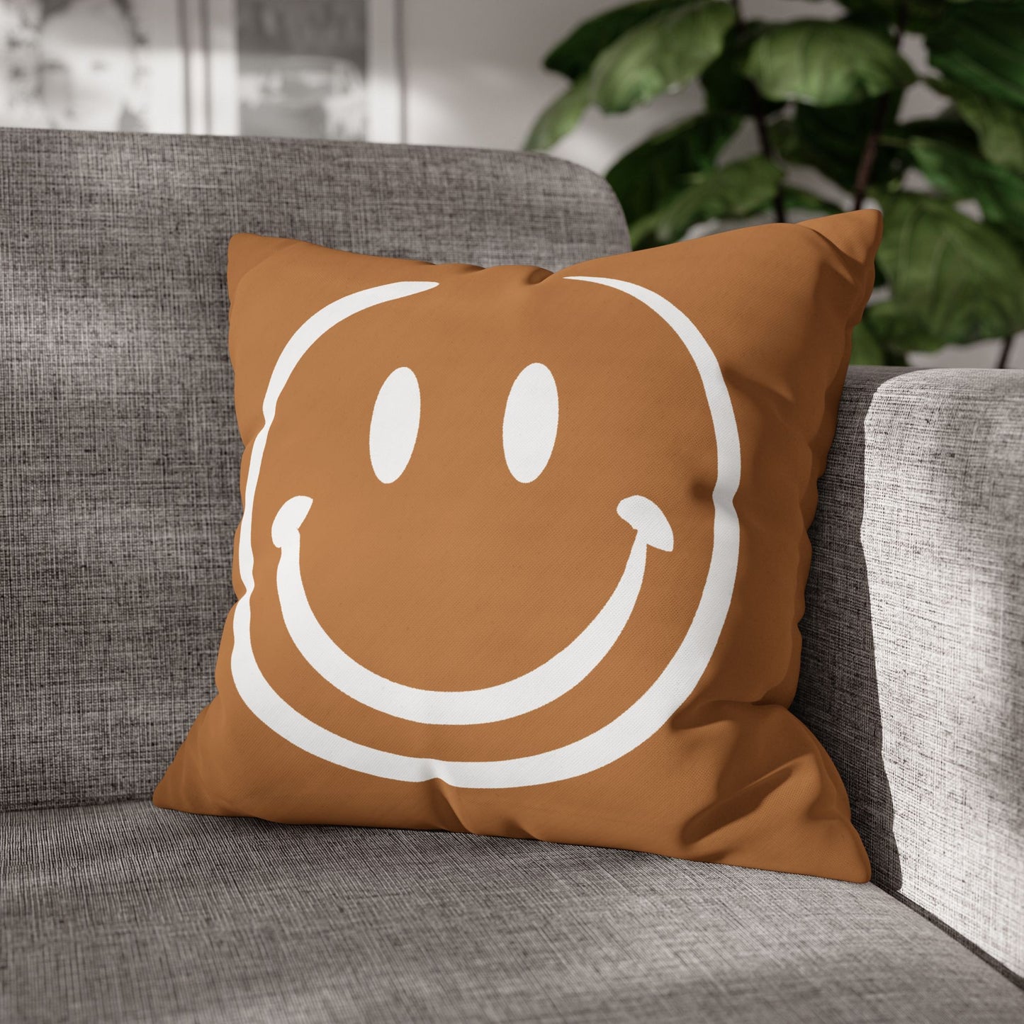 white on brown smiley face Canvas Pillow cover