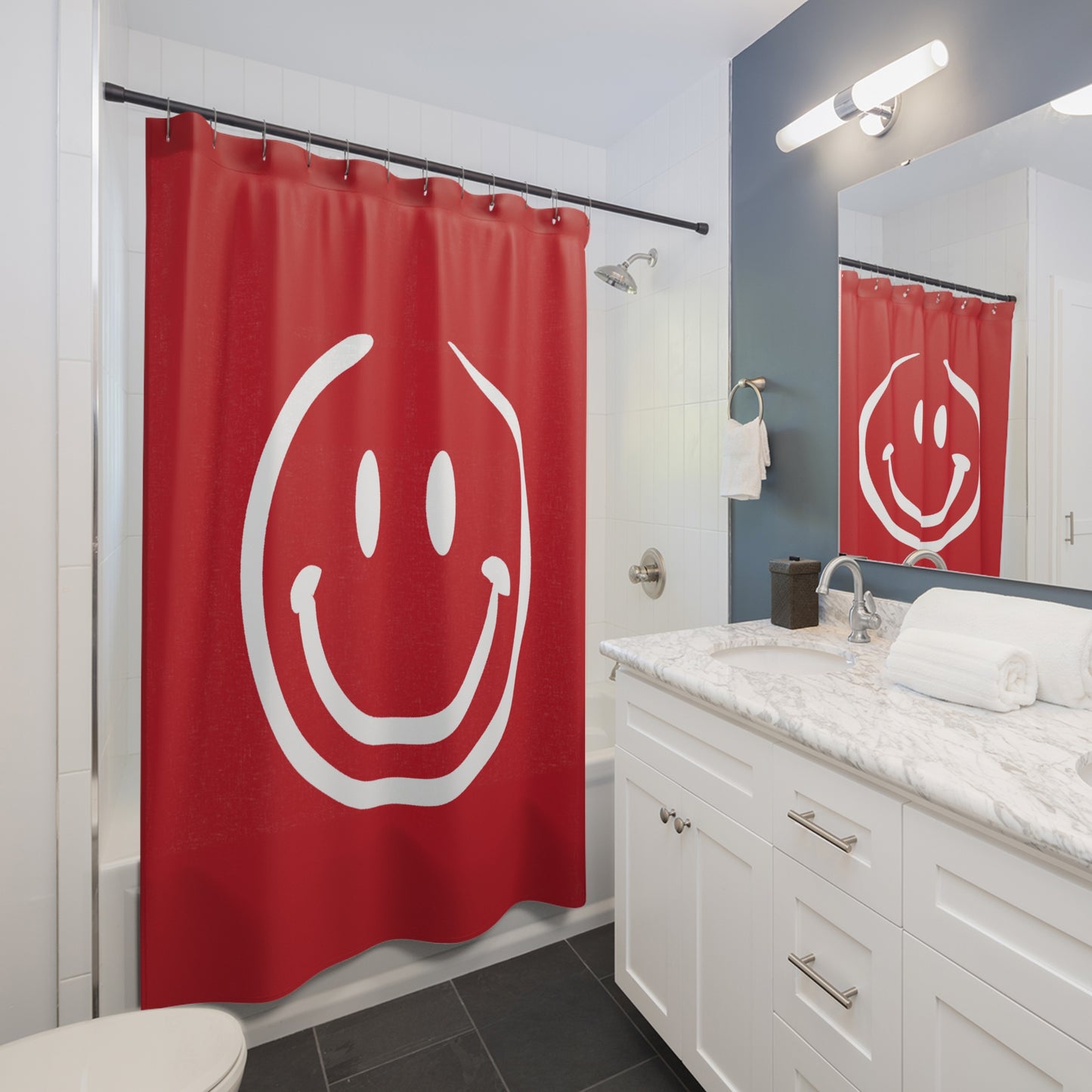 red with white smiley face Shower Curtains