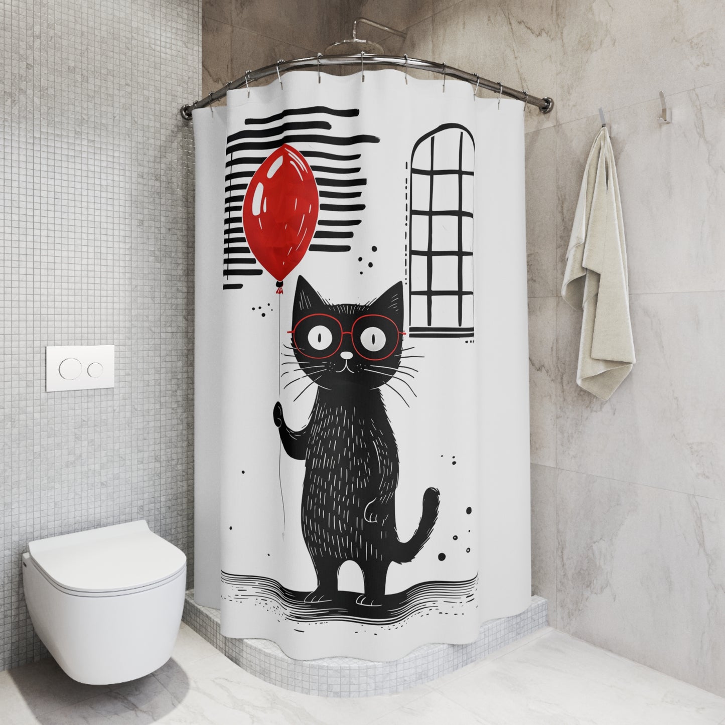 Cat with red balloon Shower Curtains