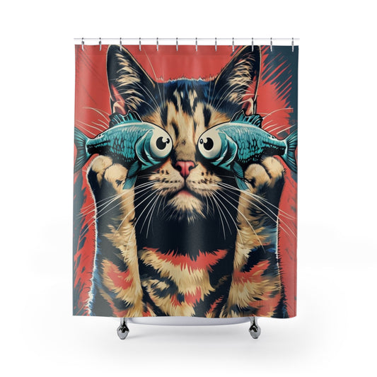 Cat with fish glasses Shower Curtains