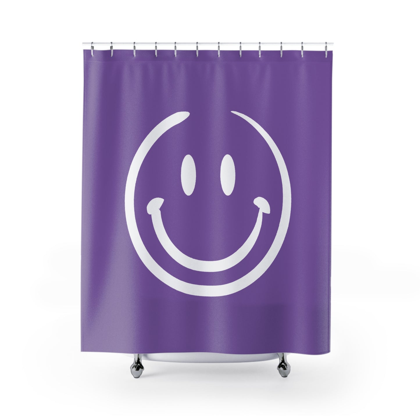 purple with white smiley face Shower Curtains