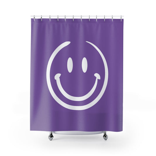 purple with white smiley face Shower Curtains