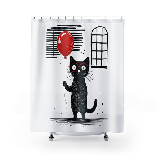 Cat with red balloon Shower Curtains