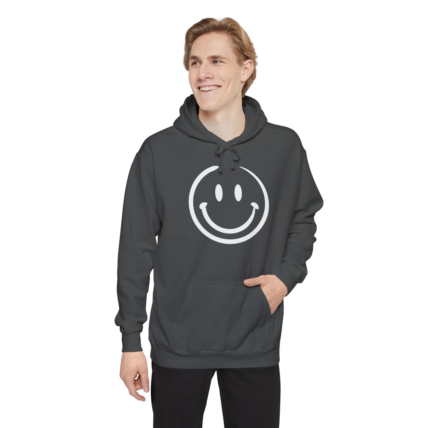 White Smiley Face Garment-Dyed Hoodie