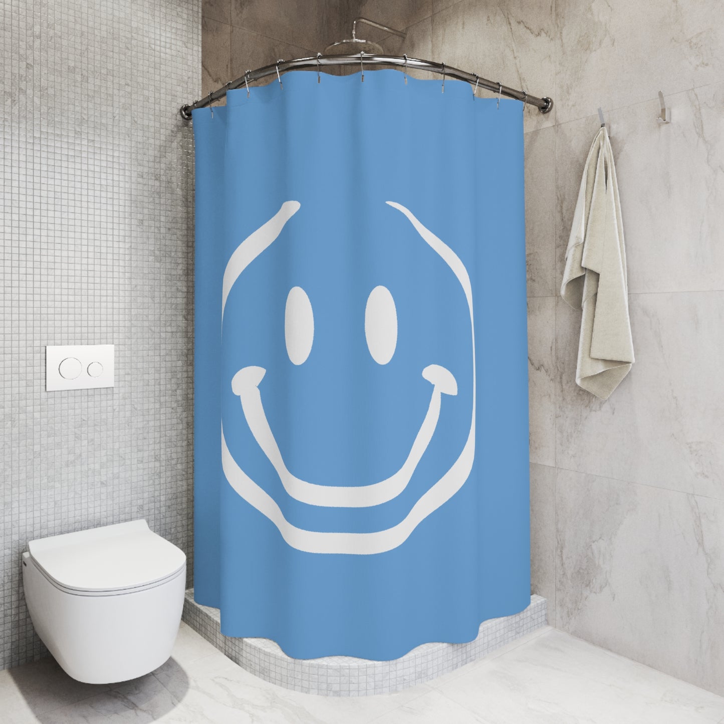 light blue with white smiley face Shower Curtains
