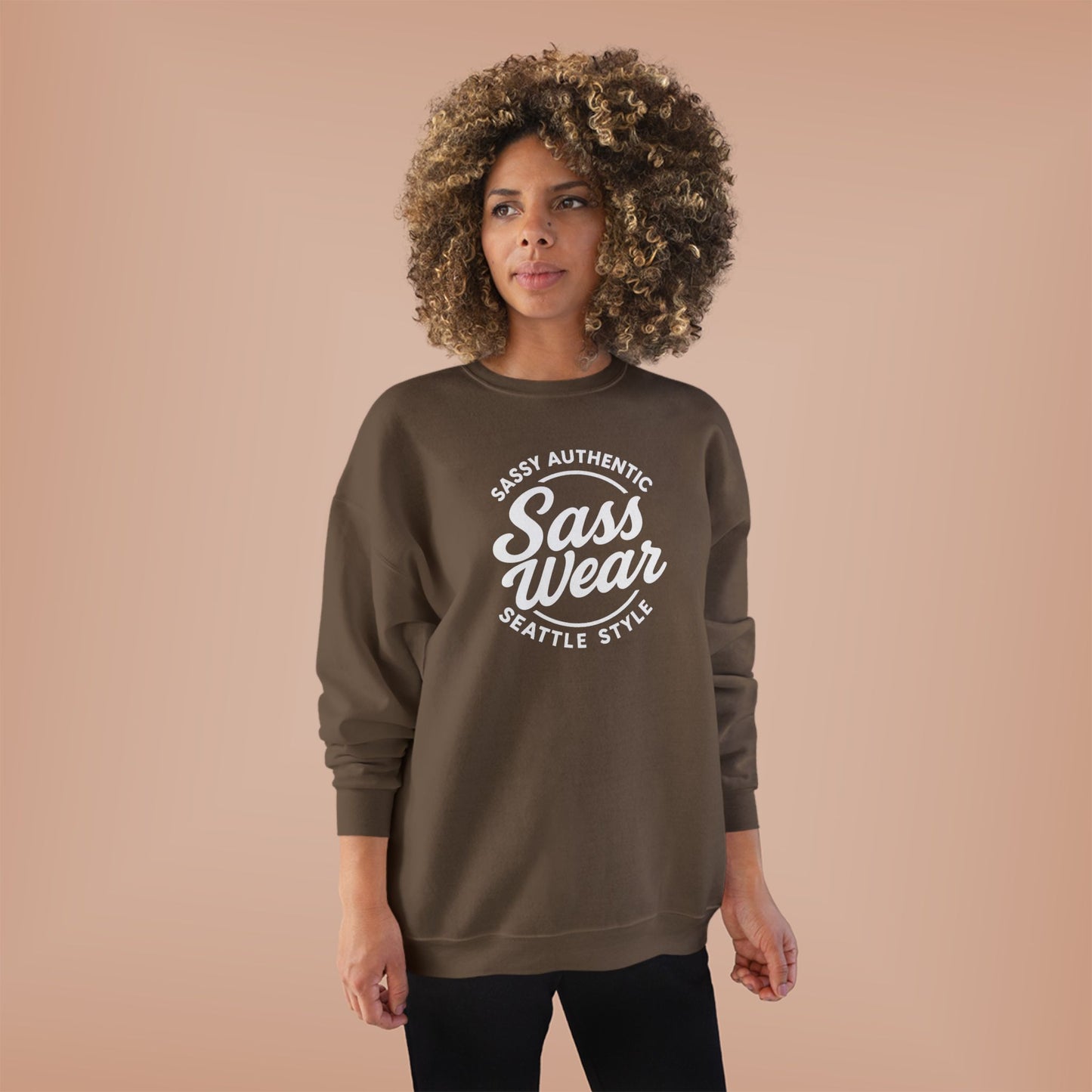 Sass Wear Unisex Eco-Friendly Crewneck Sweatshirt white logo