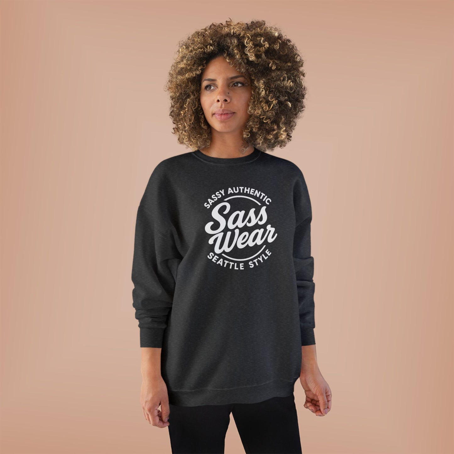 Sass Wear Unisex Eco-Friendly Crewneck Sweatshirt white logo