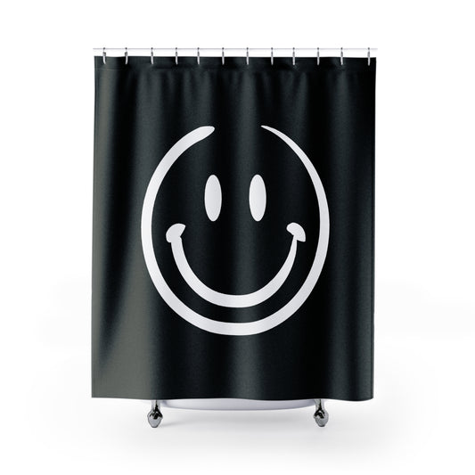 black with white smiley face Shower Curtains