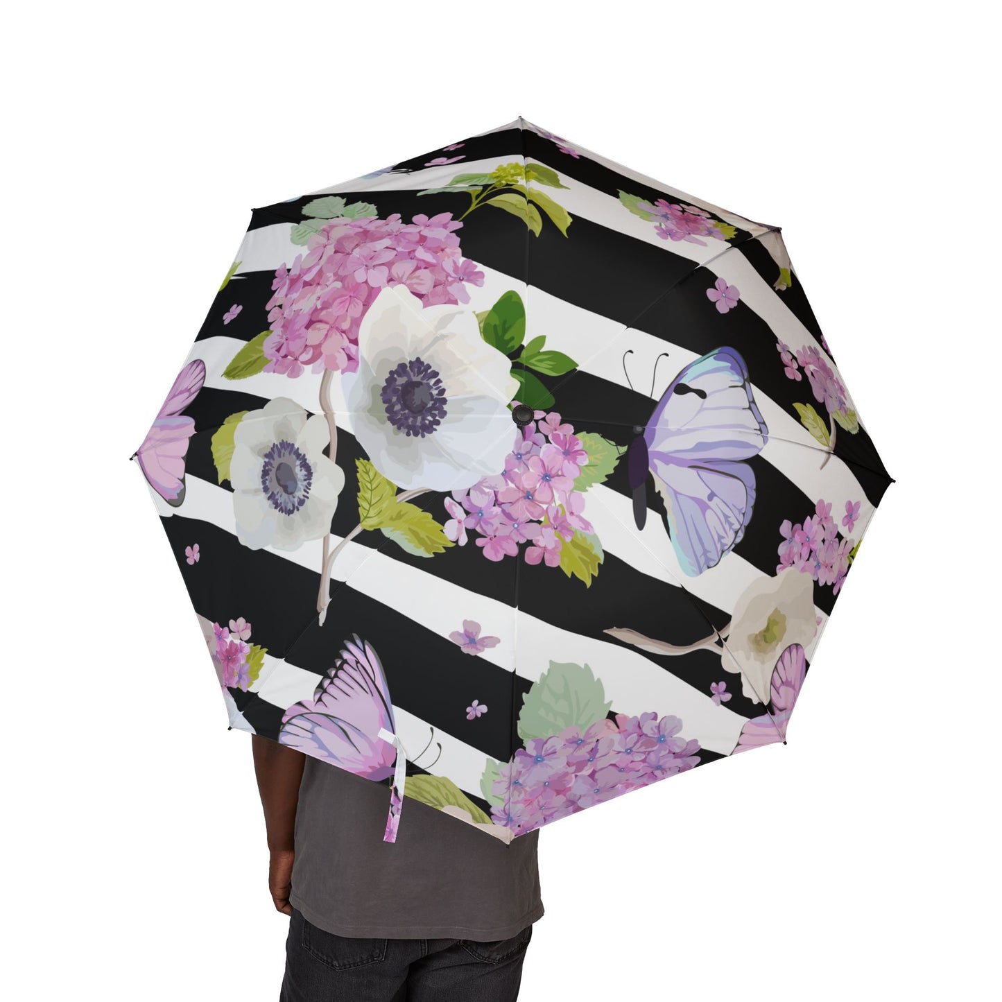 fun Hydrangea and butterfly Umbrella - Semi-Automatic Foldable Design