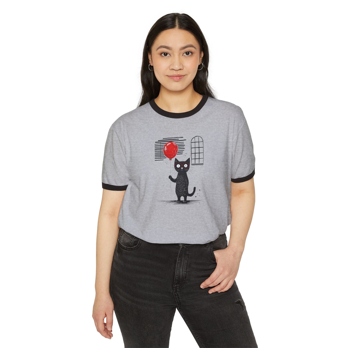 Cat with red ballon Unisex Cotton Ringer T-Shirt