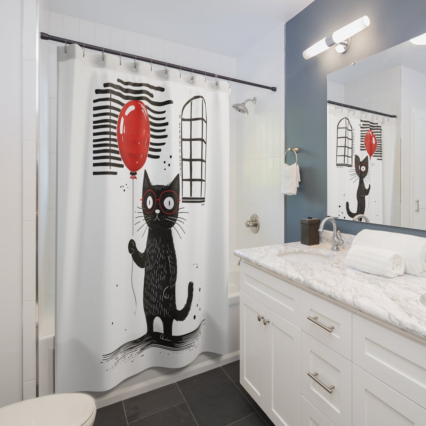 Cat with red balloon Shower Curtains