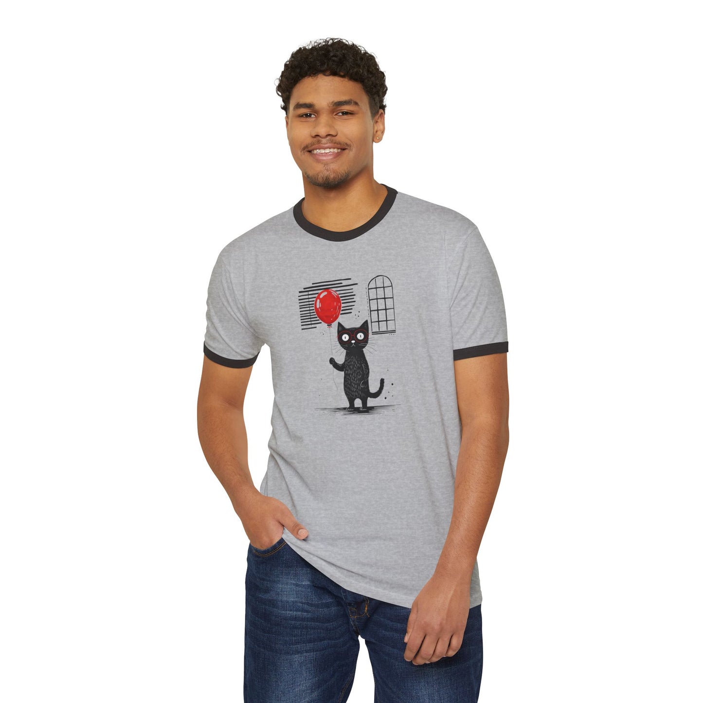 Cat with red ballon Unisex Cotton Ringer T-Shirt