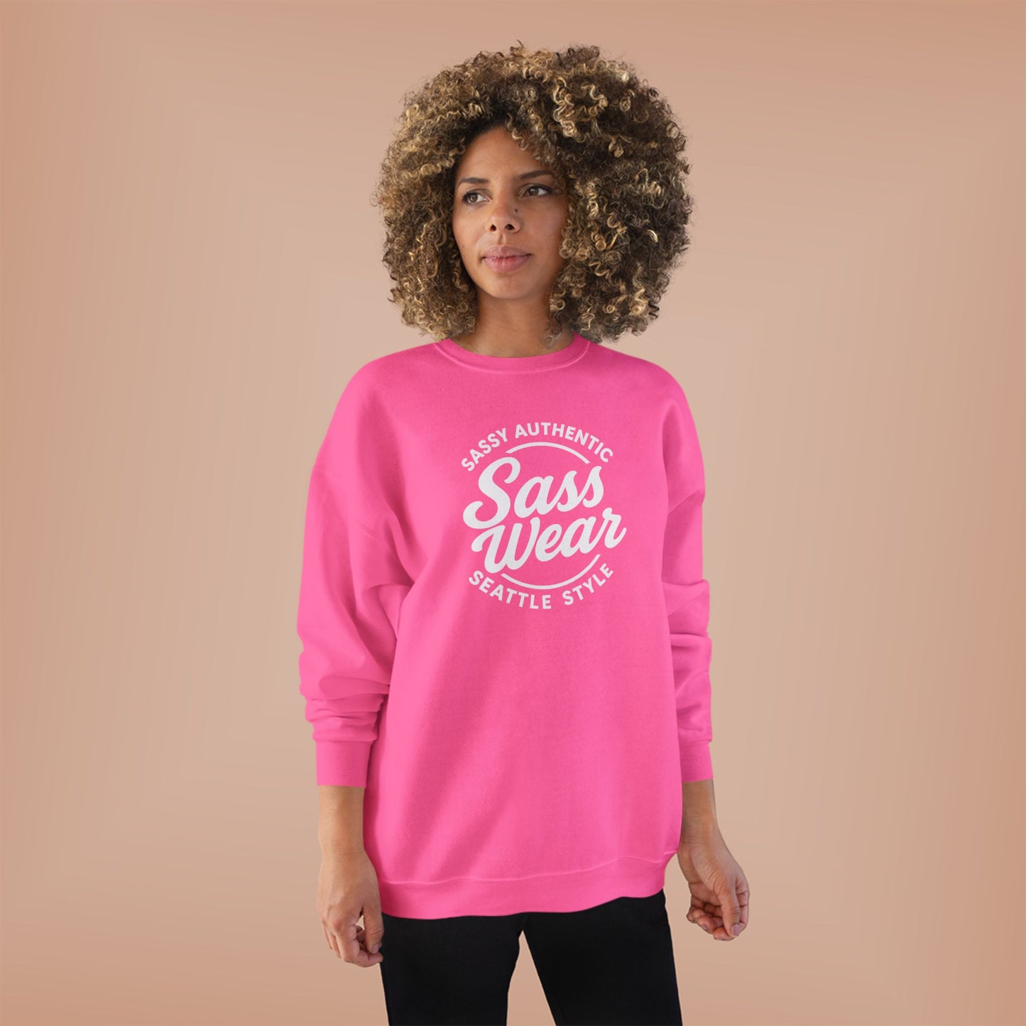 Sass Wear Unisex Eco-Friendly Crewneck Sweatshirt white logo