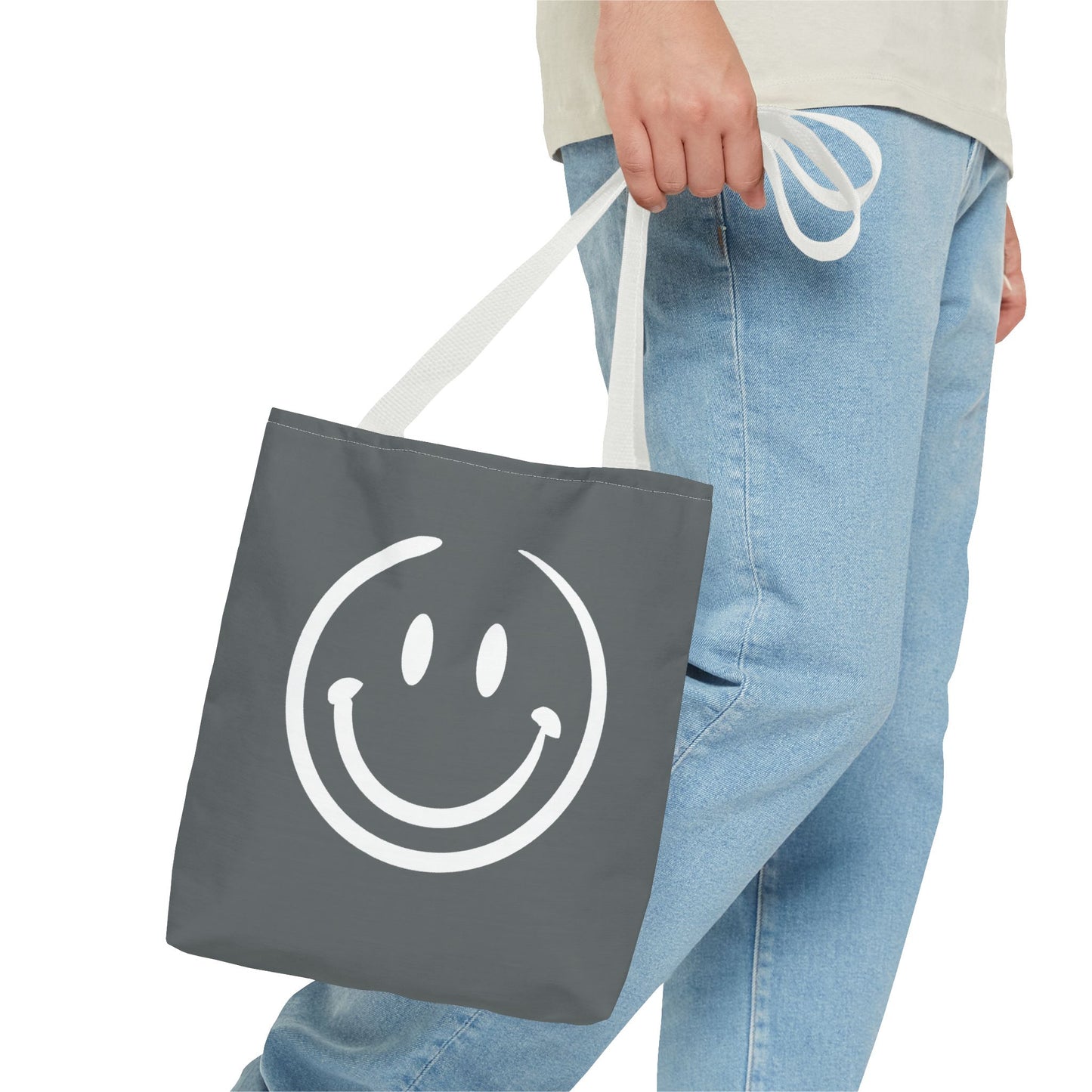 Charcoal gray with white smiley face Tote Bag