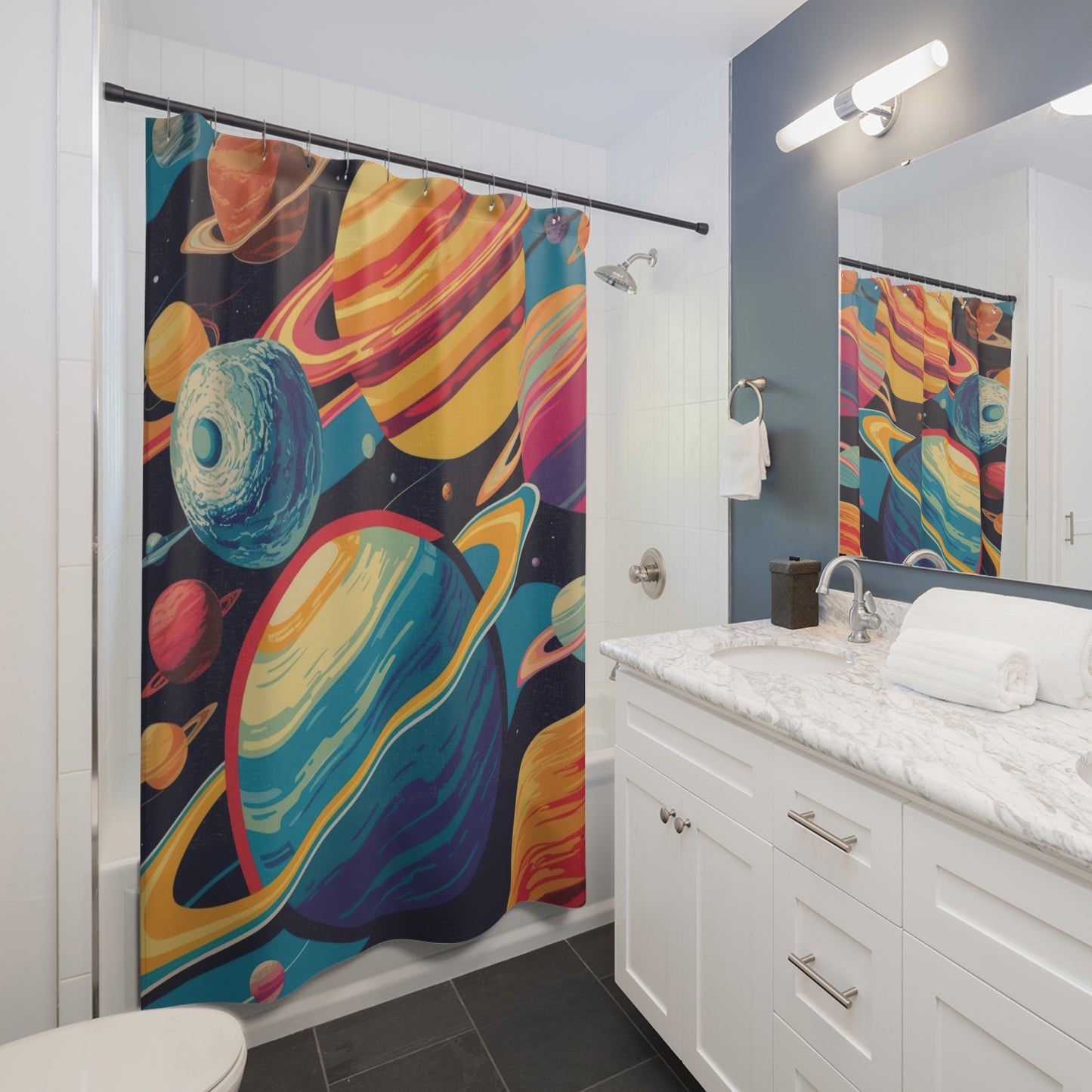 retro planets Shower Curtains