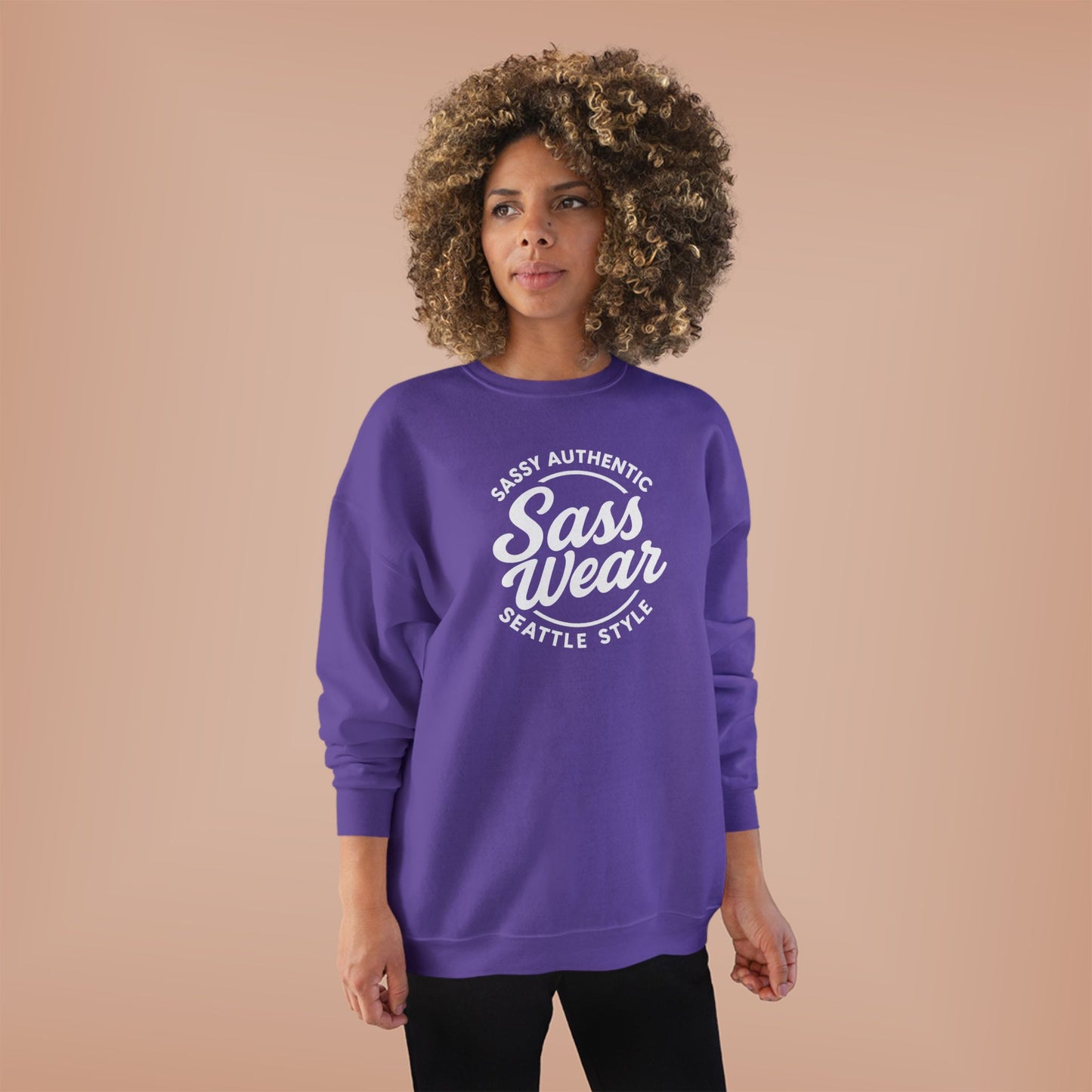 Sass Wear Unisex Eco-Friendly Crewneck Sweatshirt white logo