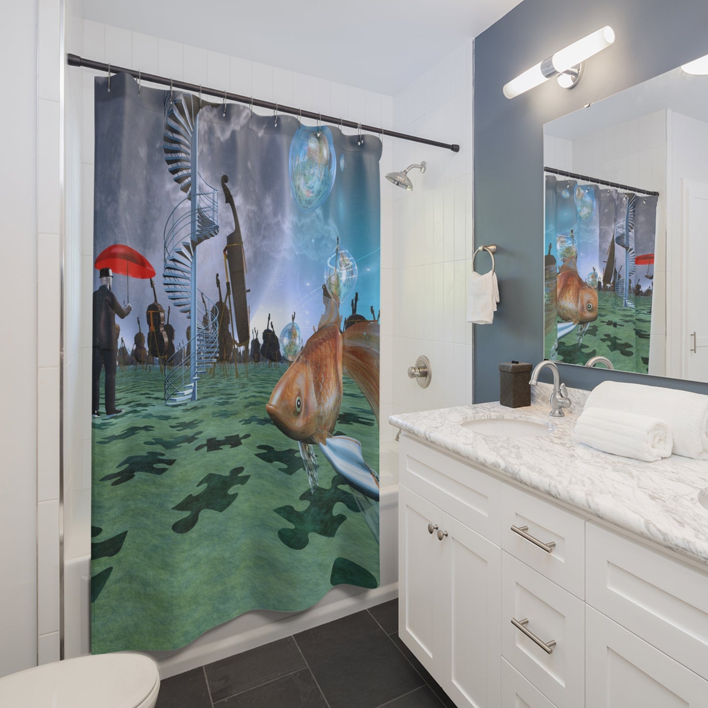 surreal goldfish Shower Curtains