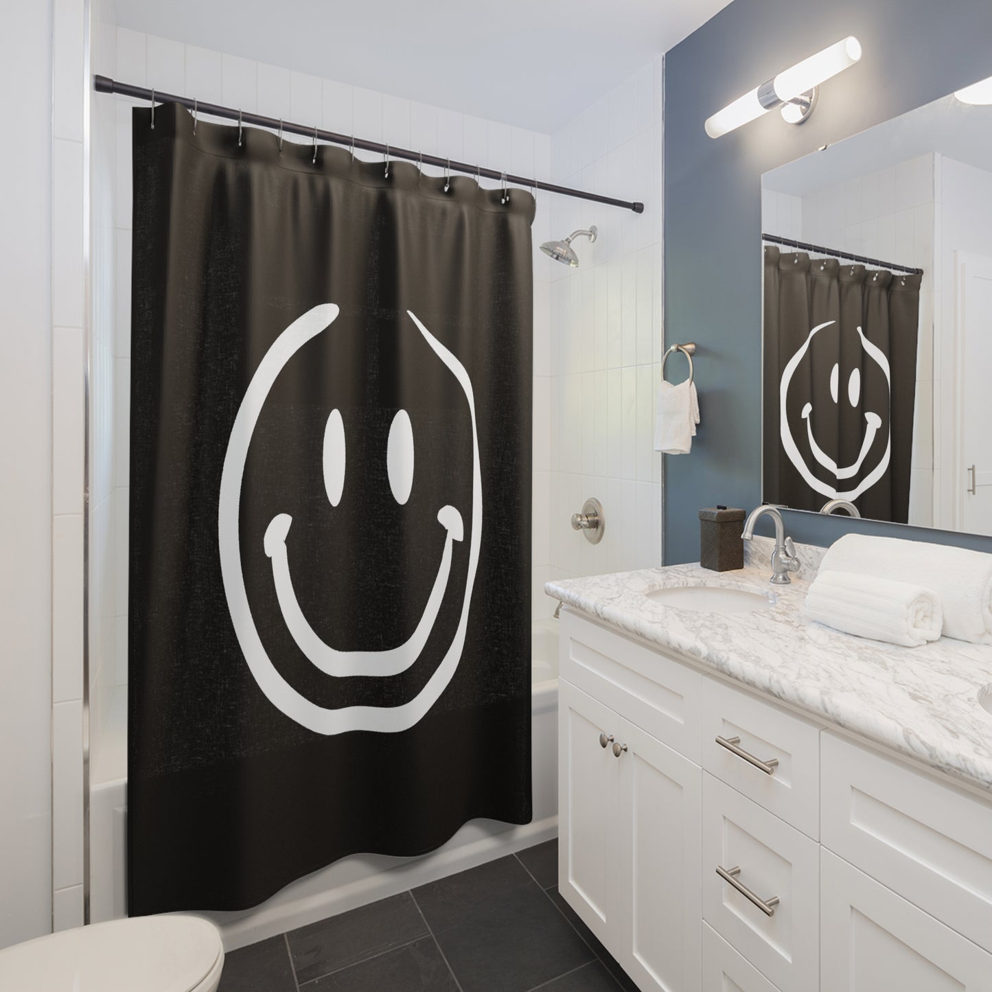 black with white smiley face Shower Curtains