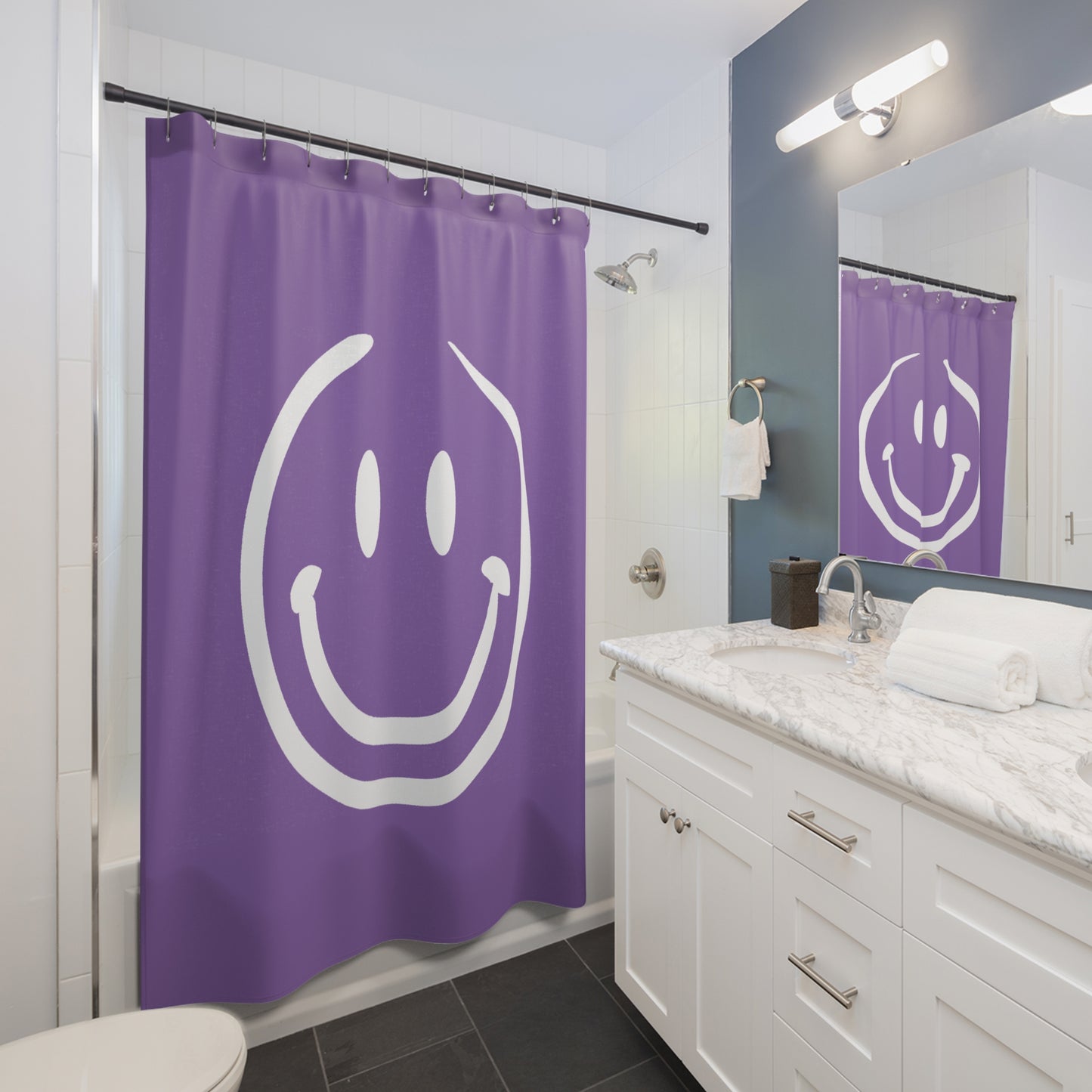 purple with white smiley face Shower Curtains