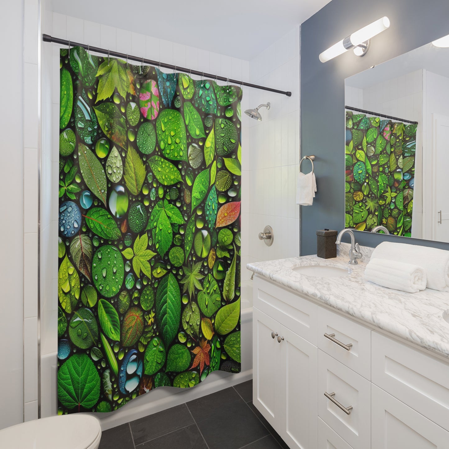 rain drops on leaves Shower Curtains