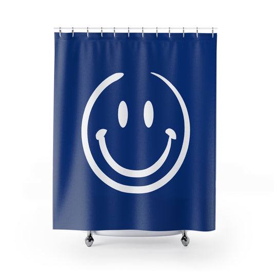 navy with white smiley face Shower Curtains