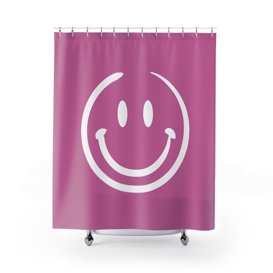 pink with white smiley face Shower Curtains