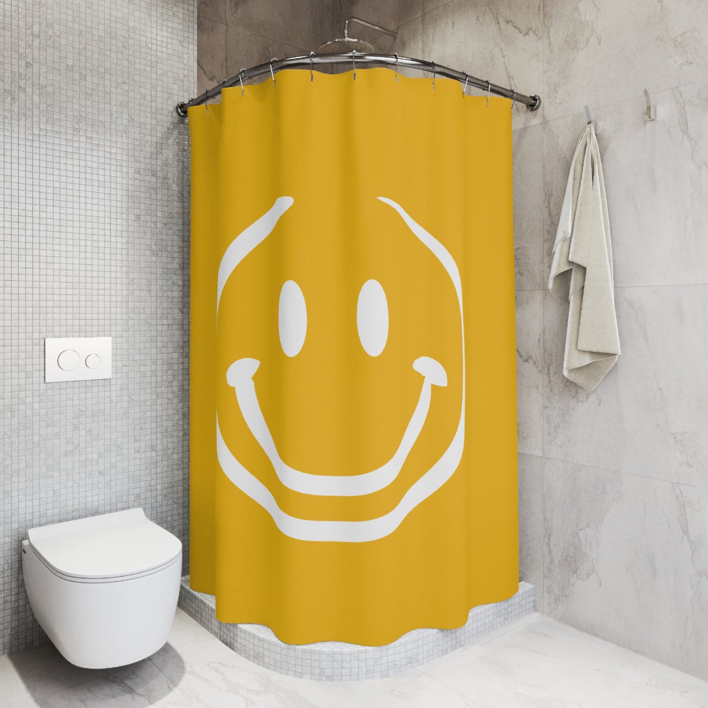 yellow with white smiley face Shower Curtains