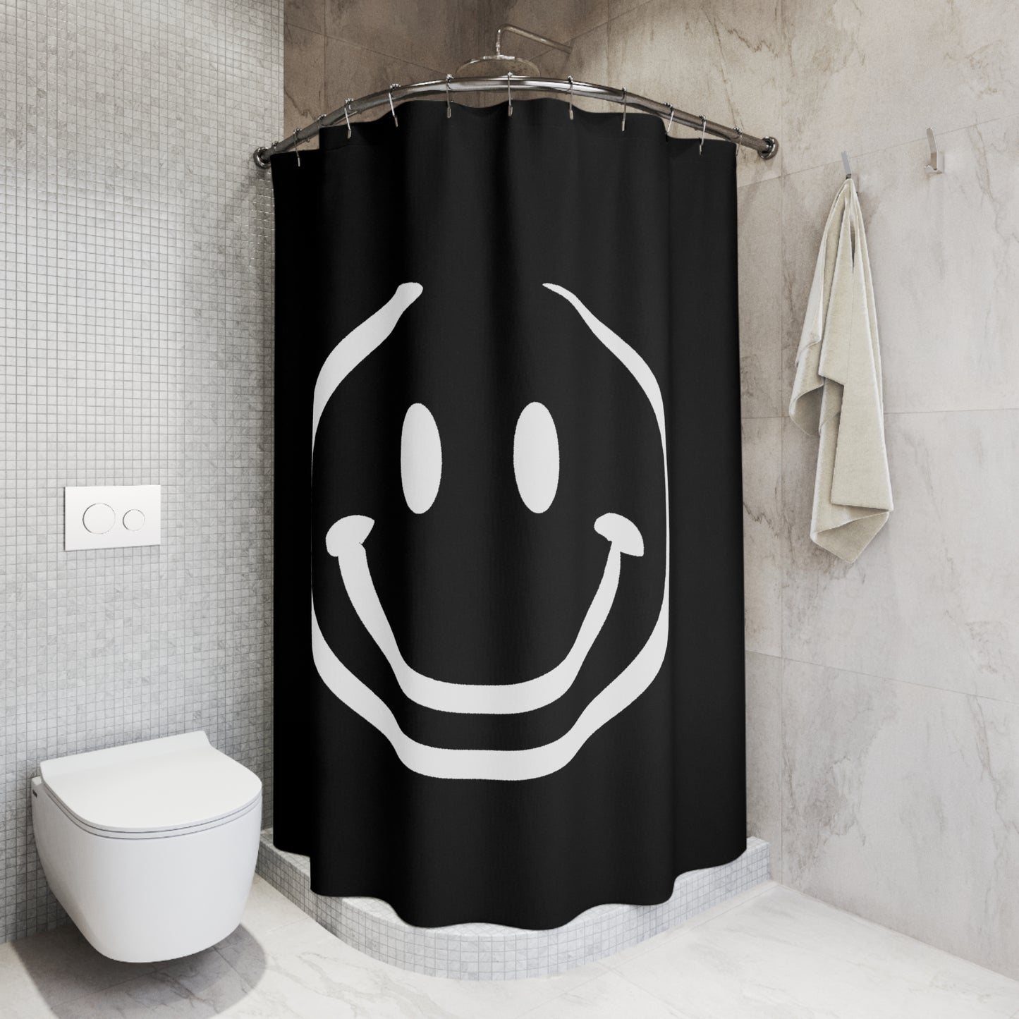 black with white smiley face Shower Curtains