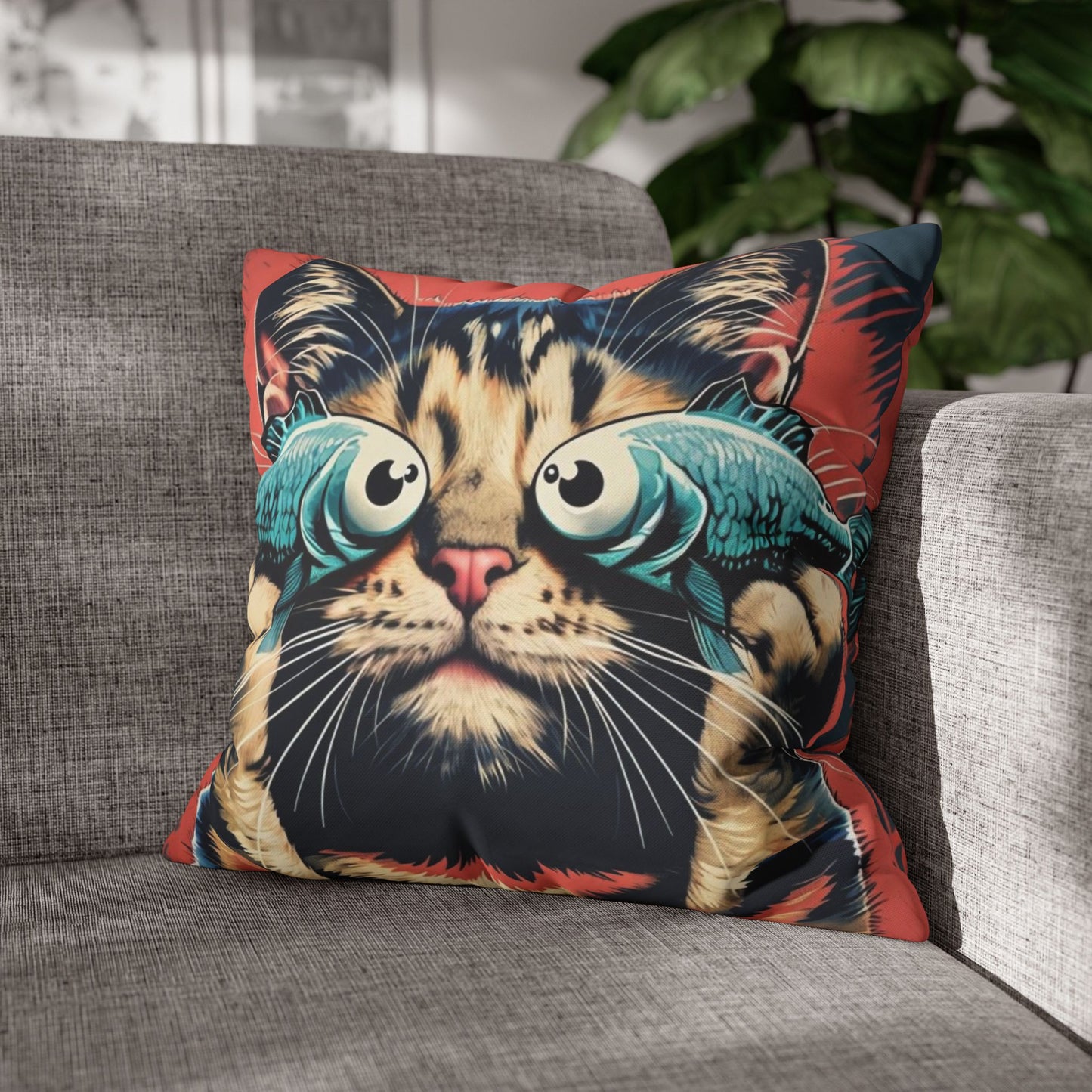 pop art Cat with fish glasses Square Poly Canvas Pillow cover