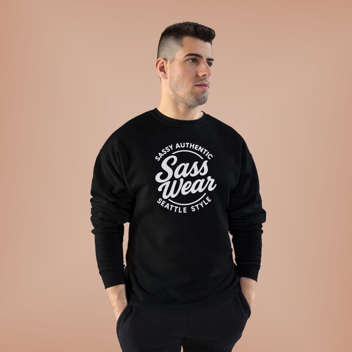 Sass Wear Unisex Eco-Friendly Crewneck Sweatshirt white logo
