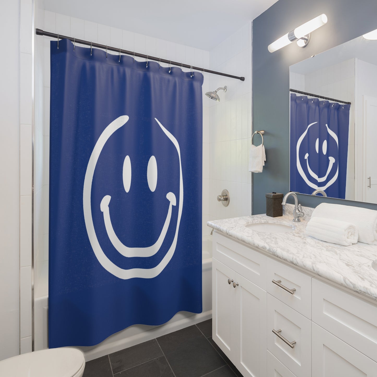 navy with white smiley face Shower Curtains