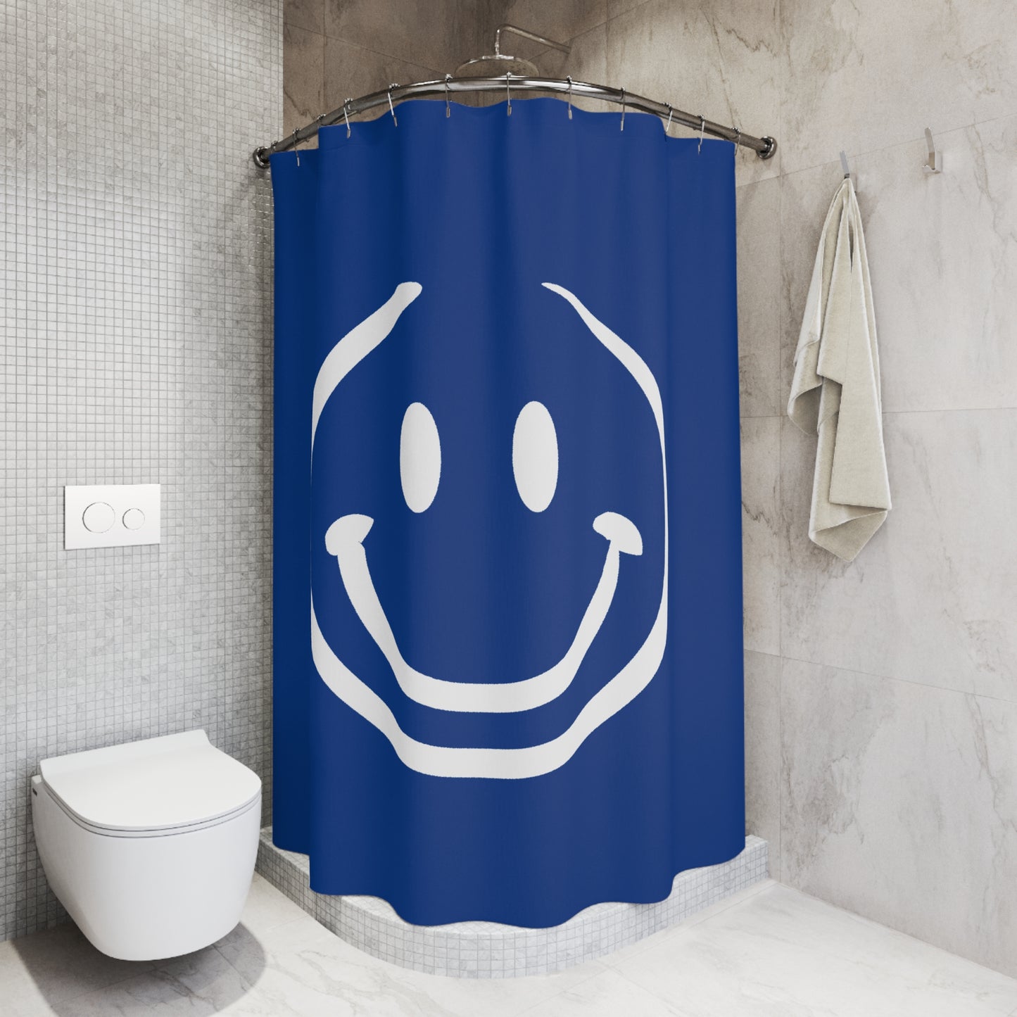 navy with white smiley face Shower Curtains