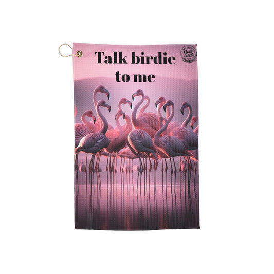 Talk Birdie to Me sunset Flamingo Golf Towel